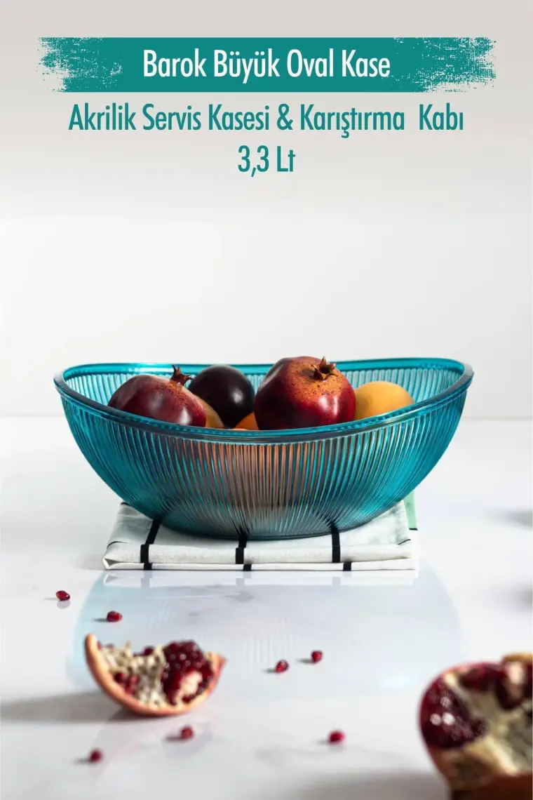 EW's Kitchenware Akrilik Barok Aquamarin Büyük Oval Meyve & Salata Kasesi & Karıştırma Kabı / 3,3 Lt  (Cam Değildir)