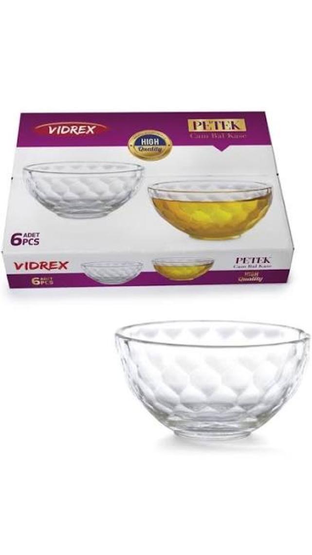Vidrex Minik Kare Çizgili 6'lı Cam Yuvarlak Bal - Reçel Kase