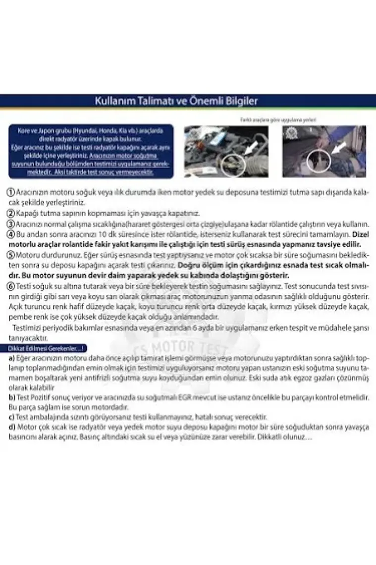 CS Motor Kaçak Testi: Silindir Kapak Contası ve Blok Çatlaklarını 10 Dakikada Tespit Edin! Tüm Araç Modellerine Uygun, Çok Amaçlı ve Kolay Kullanım.