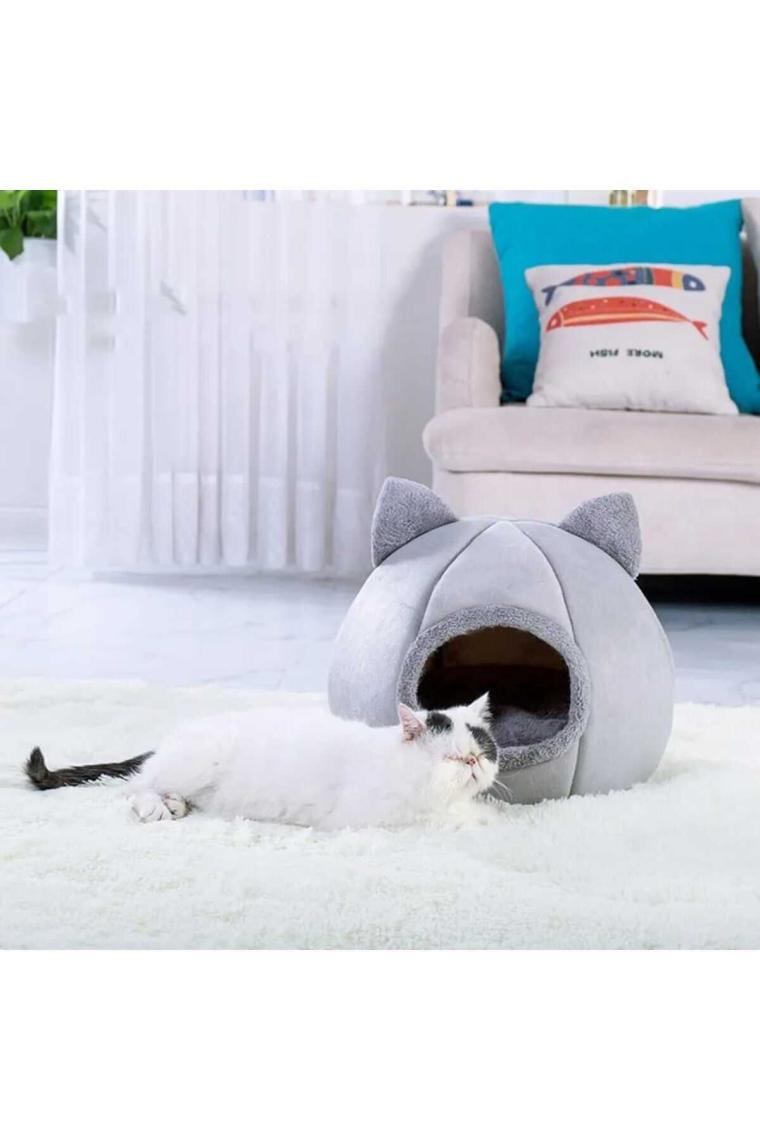 Tineke  Bal  Kabağı Tasarımlı Kedi Evi Yumuşak Kedi Yatağı Derin Uyku ve Kış Evi Çıkartılabilir Minder Gri
