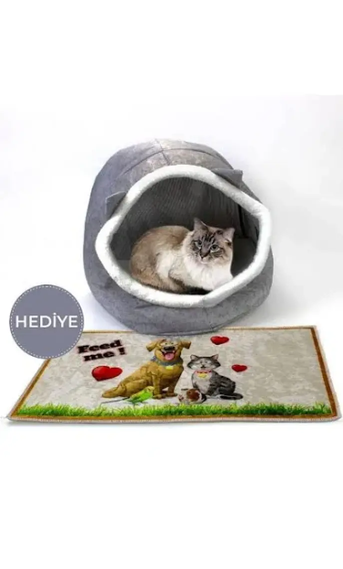 Alas Keçe Kedi ve Köpek Evi Yatağı Gri Paspas Hediyeli