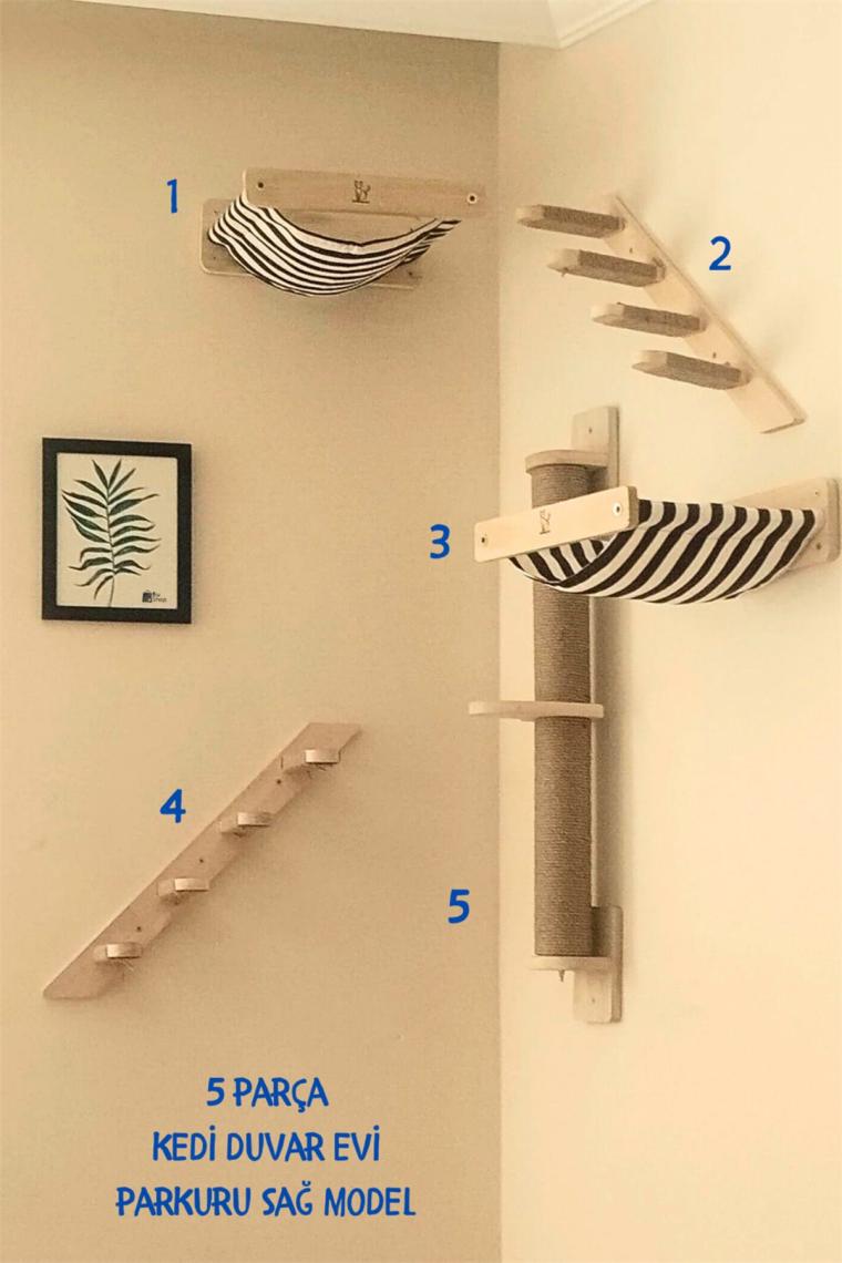 BuShop Kedi Parkuru, Kedi Evi, Kedi Yatağı, Kedi Duvar Evi, Kedi Duvar Rafı, Muhteşem 5 Parça Sağ Kedi Parkuru Set