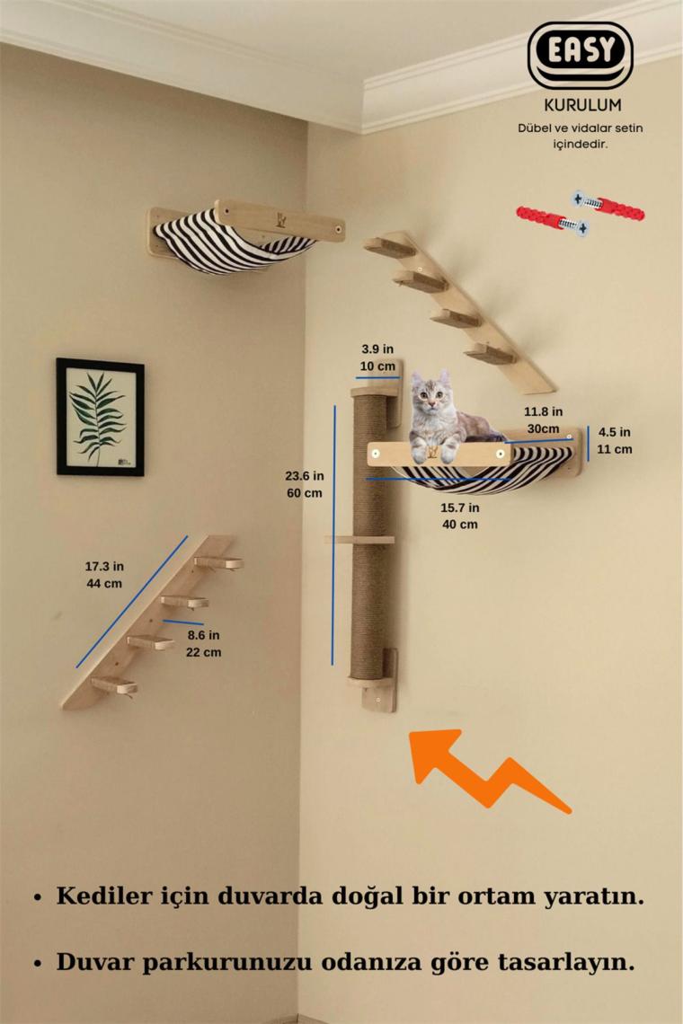 BuShop Kedi Parkuru, Kedi Evi, Kedi Yatağı, Kedi Duvar Evi, Kedi Duvar Rafı, Muhteşem 5 Parça Sağ Kedi Parkuru Set