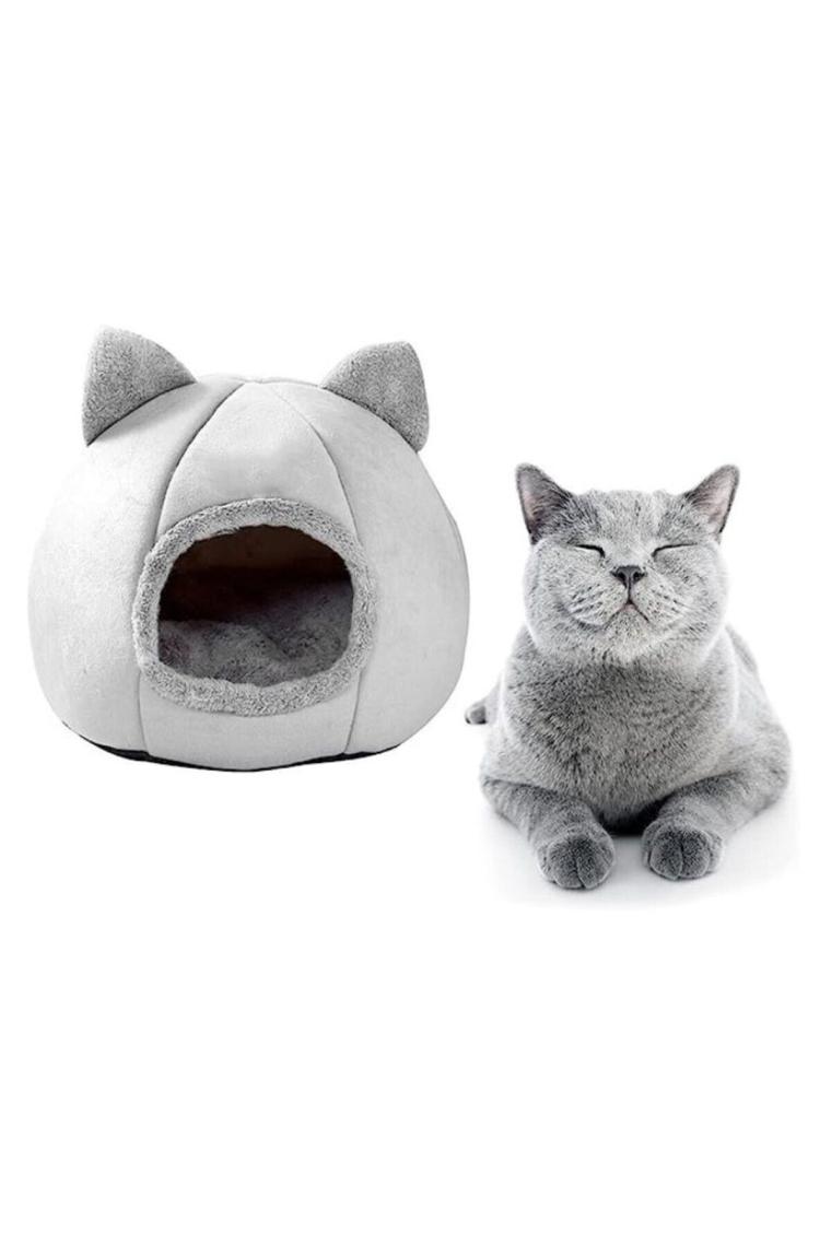 Tineke  Bal  Kabağı Tasarımlı Kedi Evi Yumuşak Kedi Yatağı Derin Uyku ve Kış Evi Çıkartılabilir Minder Gri