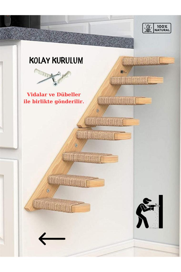 Doğal Kedi Tırmanma ve Tırmalama Merdiveni Ahşap tasarım Duvara Monte 2Lİ Sol Modeli