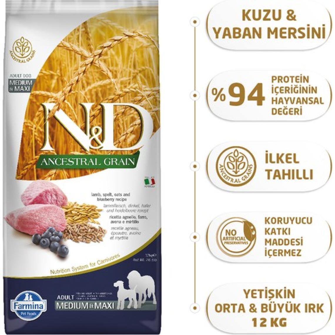 N&D Ancestral Grain Düşük Tahıllı Kuzu Etli ve Yaban Mersinli 12 kg Orta Büyük Irk Yetişkin Köpek Maması