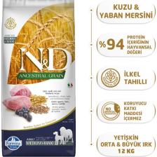 N&amp;D Ancestral Grain Düşük Tahıllı Kuzu Etli ve Yaban Mersinli 12 kg Orta Büyük Irk Yetişkin Köpek Maması