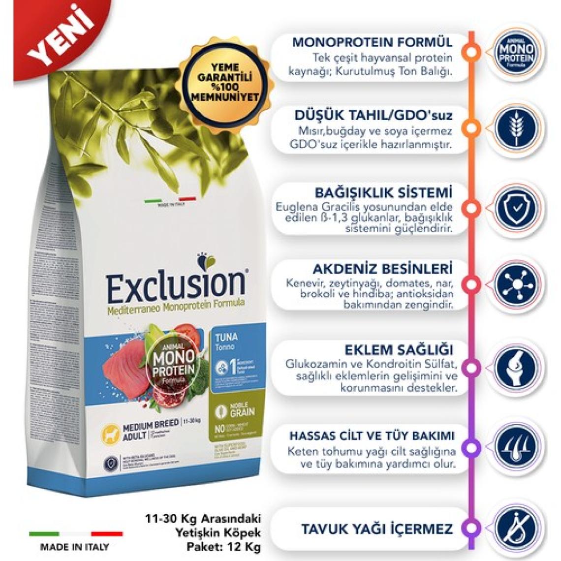 Exclusion Monoprotein Düşük Tahıllı Ton Balıklı ve Narlı 12 kg Orta Irk Yetişkin Köpek Maması