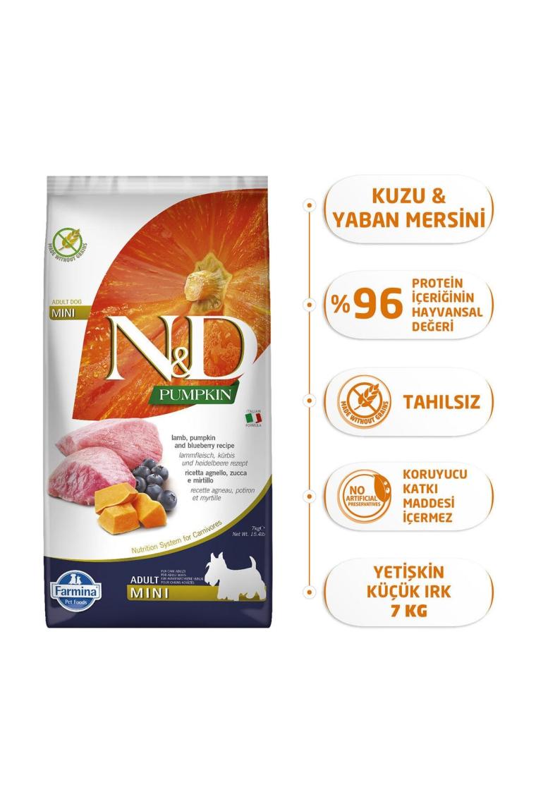 N&D Pumpkin Kuzu Etli Balkabaklı ve Yaban Mersinli 7 kg Küçük Irk Yetişkin Köpek Maması