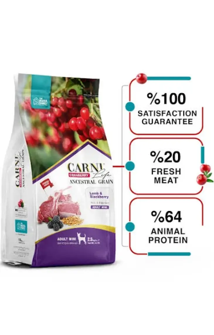 Carni Life Cranberry Kuzu Eti ve Böğürtlenli Mini Irk Yetişkin Köpek Maması 2,5 kg