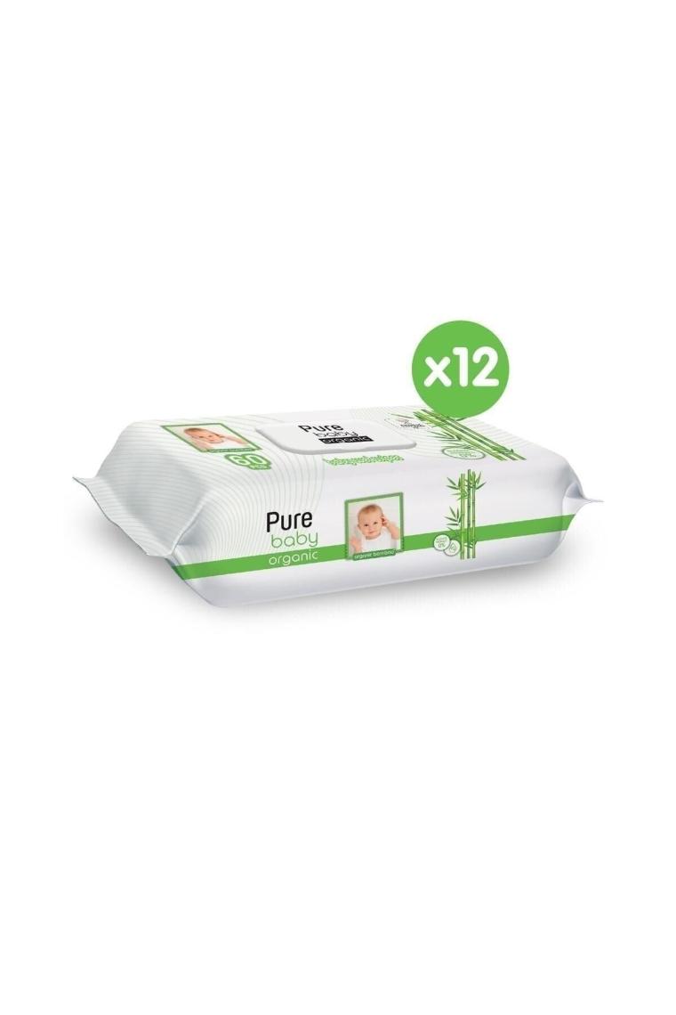 Pure Baby Organik Bambu Özlü 60 Yaprak 12'li Paket Islak Mendil