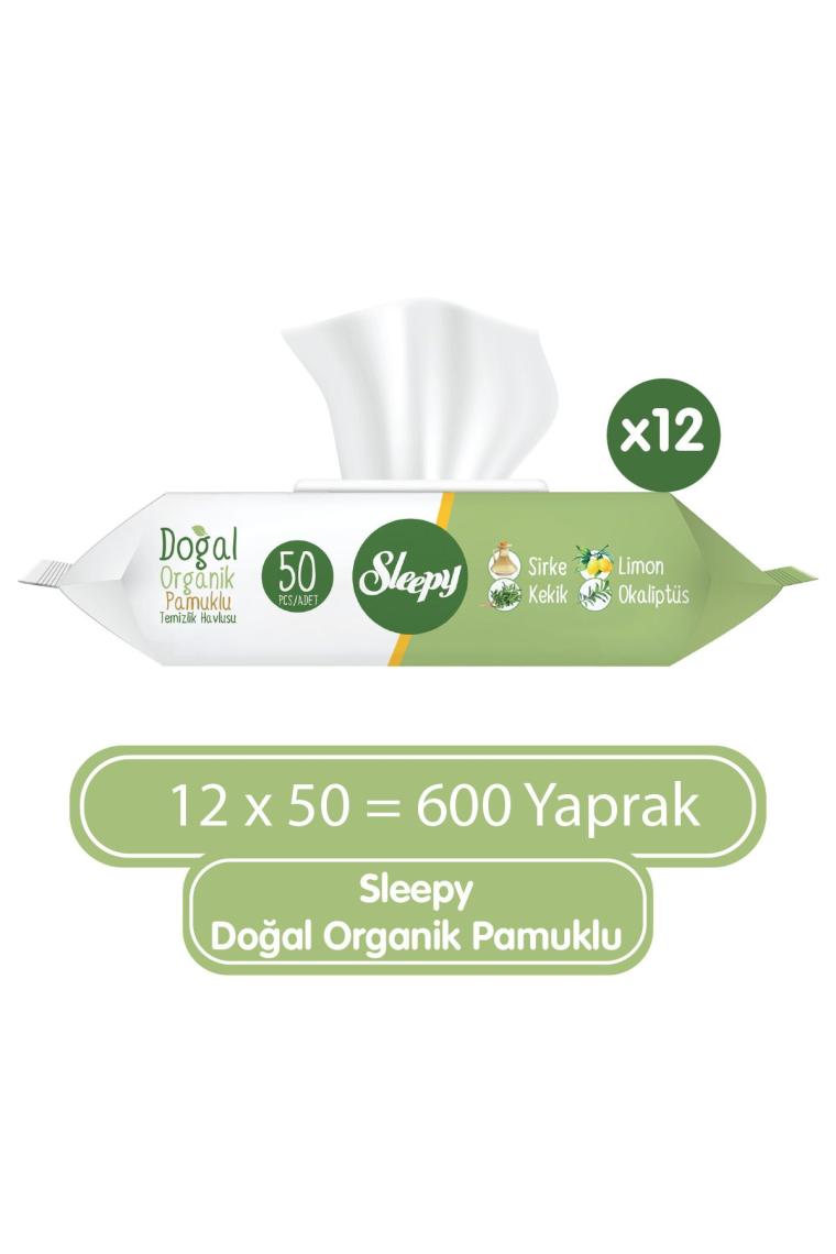 Sleepy Doğal Organik Pamuklu 50 Yaprak 12'li Paket Islak Mendil