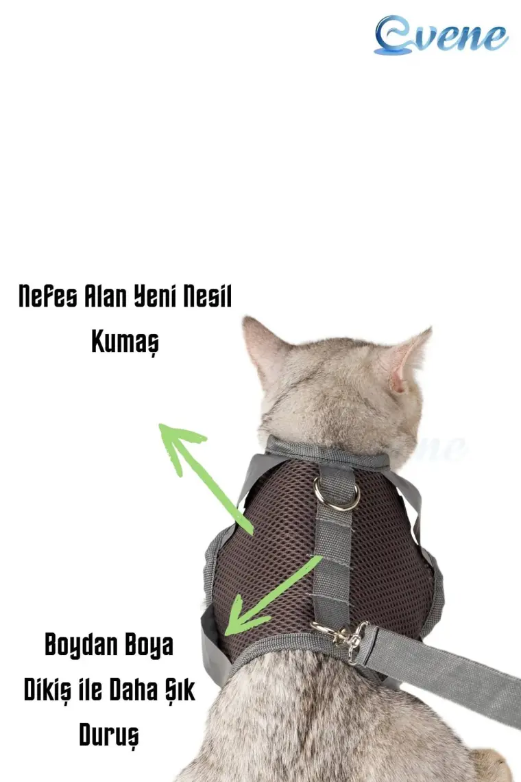 Evene Kedi Tasması Göğüs Boyun Tasma Seti Sevk Kayışlı Terletmeyen Nefes Alan Reflektörlü Tasma Gri S