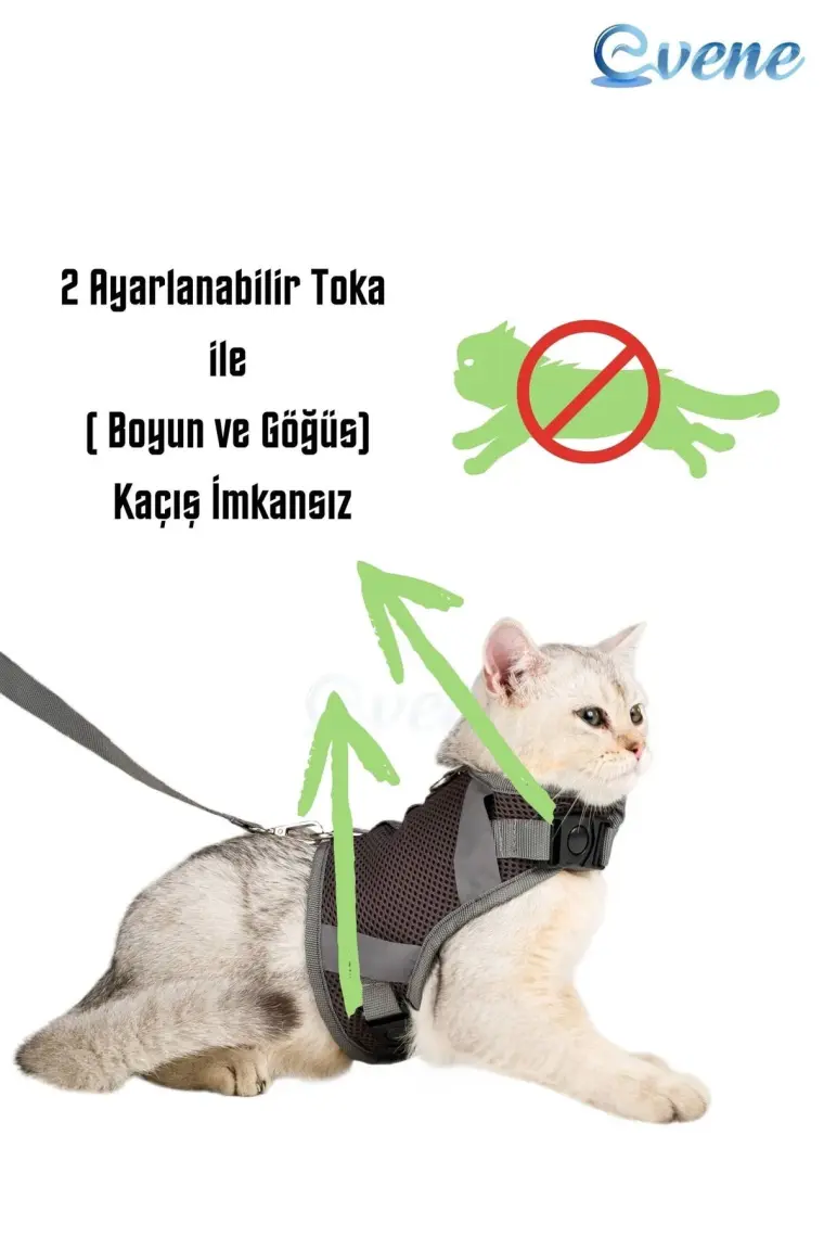 Evene Kedi Tasması Göğüs Boyun Tasma Seti Sevk Kayışlı Terletmeyen Nefes Alan Reflektörlü Tasma Gri S
