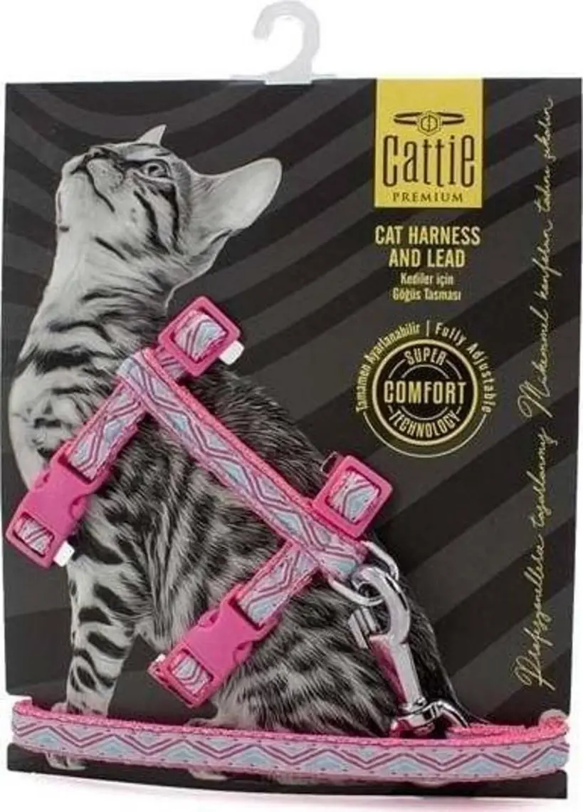 Cattie Desenli Kedi Göğüs ve Gezdirme Tasma Aparatı Pembe 1x25-40