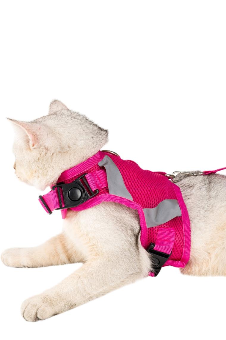 Kedi Tasması Göğüs Boyun Tasma Seti Sevk Kayışlı Terletmeyen Nefes Alan Reflektörlü Tasma L Pembe