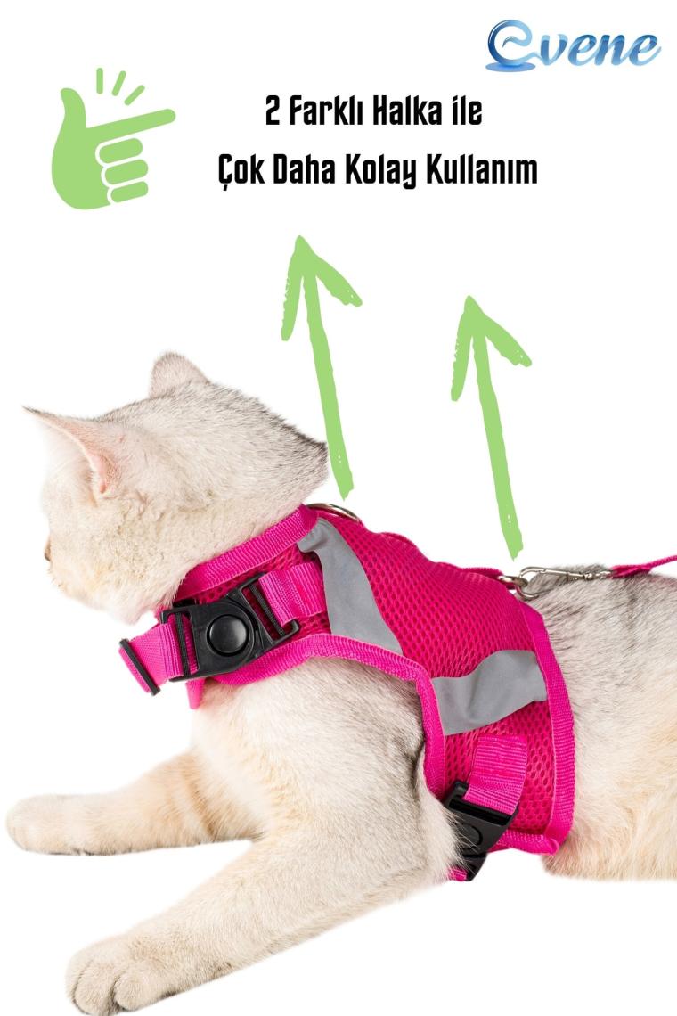 Kedi Tasması Göğüs Boyun Tasma Seti Sevk Kayışlı Terletmeyen Nefes Alan Reflektörlü Tasma L Pembe