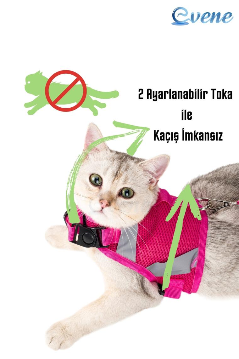 Kedi Tasması Göğüs Boyun Tasma Seti Sevk Kayışlı Terletmeyen Nefes Alan Reflektörlü Tasma L Pembe