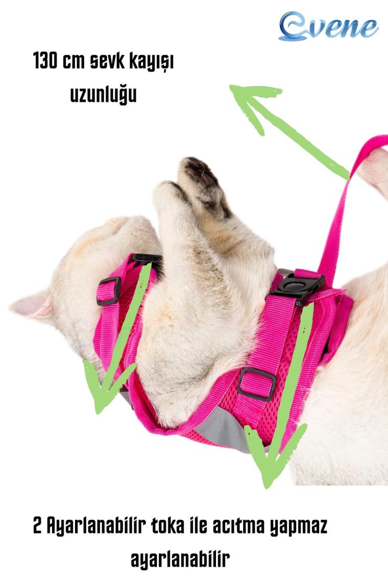 Kedi Tasması Göğüs Boyun Tasma Seti Sevk Kayışlı Terletmeyen Nefes Alan Reflektörlü Tasma L Pembe