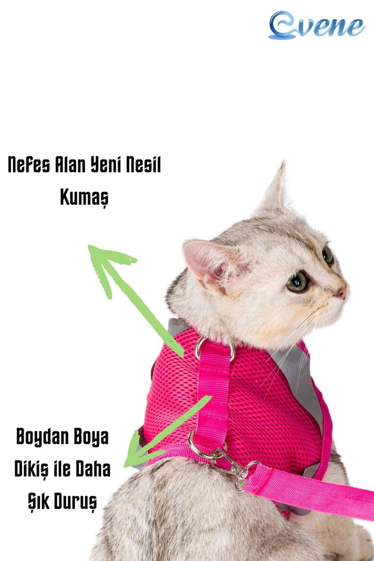 Kedi Tasması Göğüs Boyun Tasma Seti Sevk Kayışlı Terletmeyen Nefes Alan Reflektörlü Tasma L Pembe