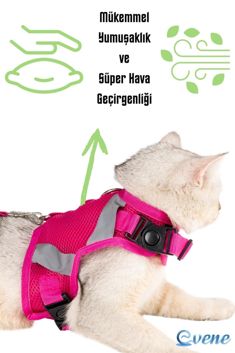 Kedi Tasması Göğüs Boyun Tasma Seti Sevk Kayışlı Terletmeyen Nefes Alan Reflektörlü Tasma L Pembe