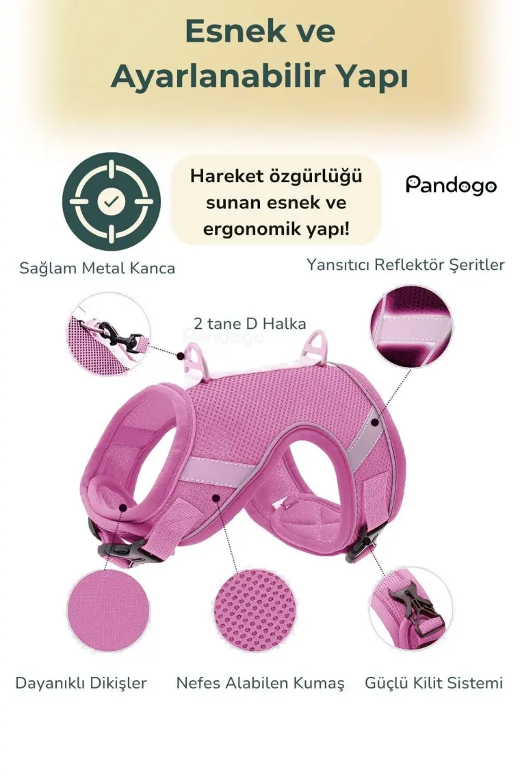 Pandogo Kedi Köpek Tasması Reflektörlü Fileli Hava Alan Kumaş Sevk Kayışlı Kedi Gezdirme Tasması