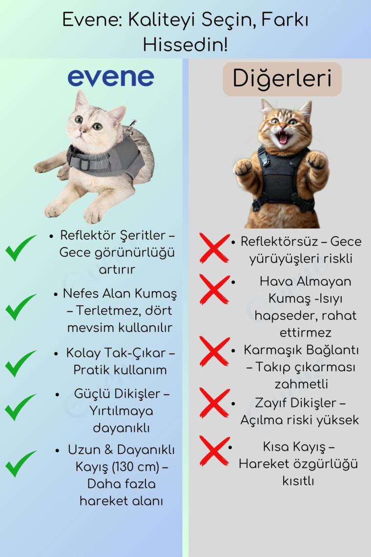 Evene Kedi Tasması Göğüs Boyun Tasma Seti Sevk Kayışlı Terletmeyen Nefes Alan Reflektörlü Tasma Gri L