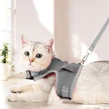 Evene Kedi Tasması Göğüs Boyun Tasma Seti Sevk Kayışlı Terletmeyen Nefes Alan Reflektörlü Tasma Gri L