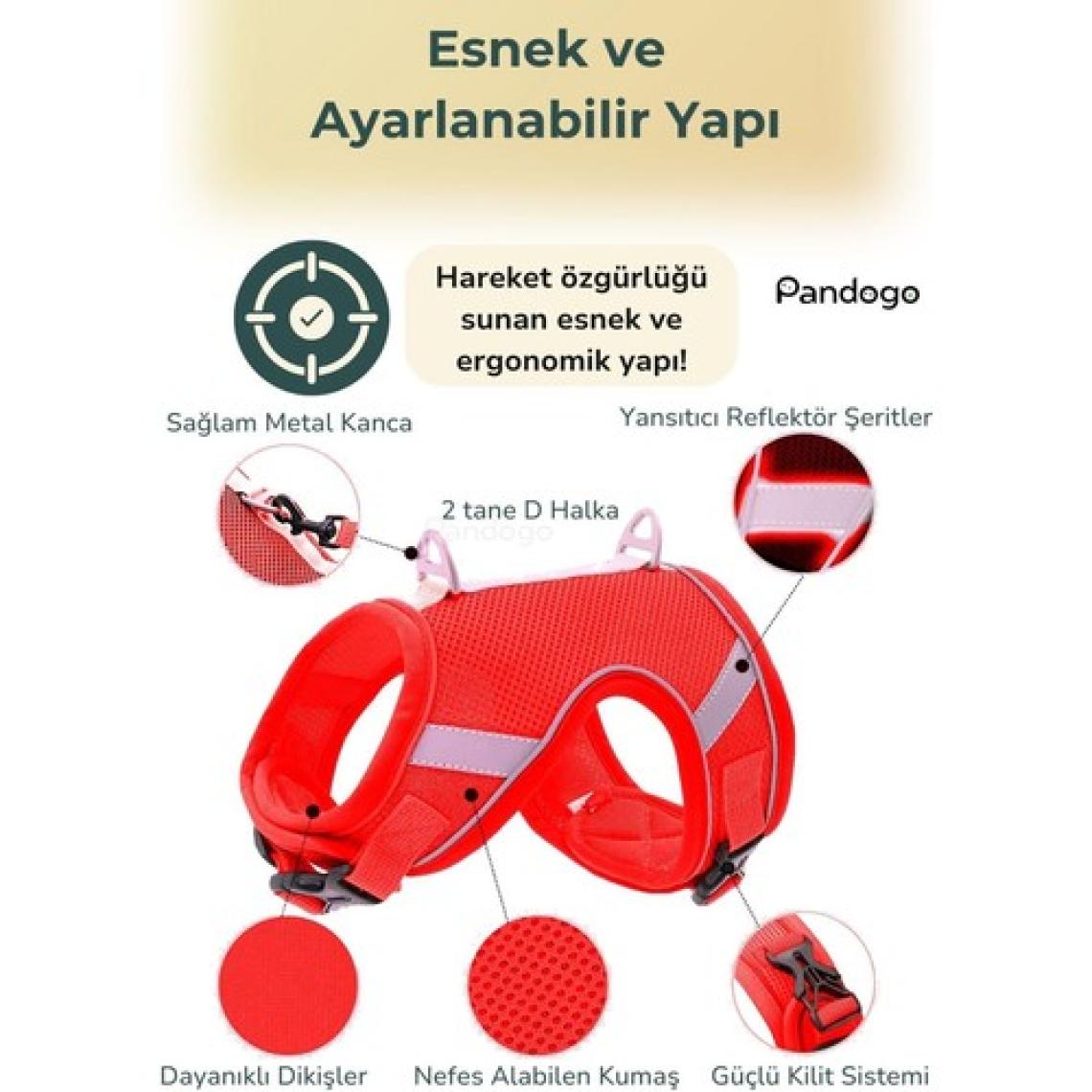 Evene Kedi Tasması Göğüs Boyun Tasma Seti Sevk Kayışlı Terletmeyen Nefes Alan Reflektörlü Tasma Kırmızı S