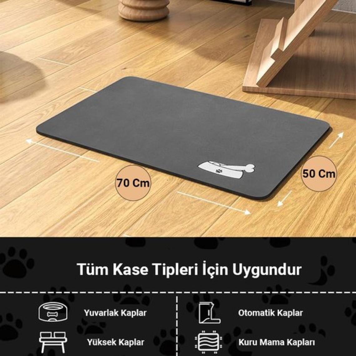 MAtGo Pati Evcil Hayvan Beslenme Matı Kemik Figürlü Su Geçirmez Kaymaz Gri Kedi Köpek Mama Paspası 50x70cm