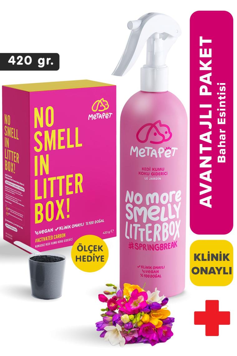 Kedi Kumu Koku Giderici Set, Kokusuz Kedi Kumu için Aktif Karbon (420 gr) ve Bahar Esanslı Sprey
