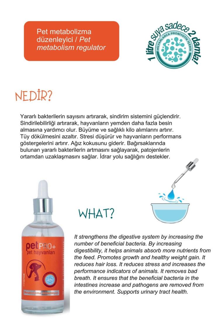 Vetorin Pet Pro+ Pet Hayvanları Için Probiyotikli Metabolizme Düzenleyici 100ML