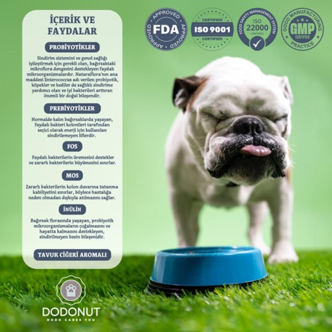 Dodonut NaturaFlora Köpekler için Probiyotik ve Prebiyotik Besin Takviyesi, 60 Adet Çiğneme Tableti