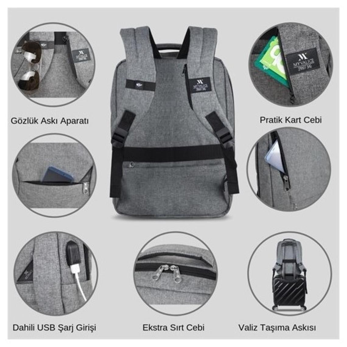 My Valice Smart Bag Active USB Şarj Girişli Slim Notebook Sırt Çantası Gri