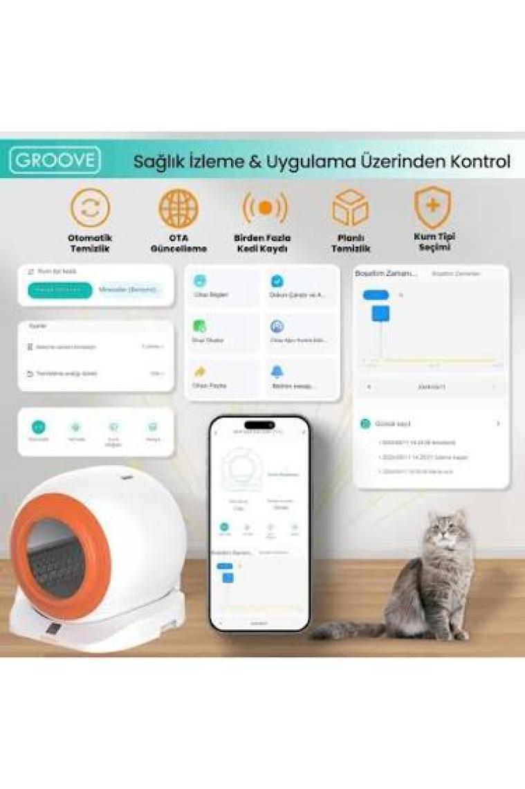 Groove Q-Clean Wi-Fi Otomatik Akıllı Kedi Tuvaleti Turuncu (Ultra Sessiz+Akıllı Sprey Koku Giderici+App Kontrol+Akıllı Sensör)