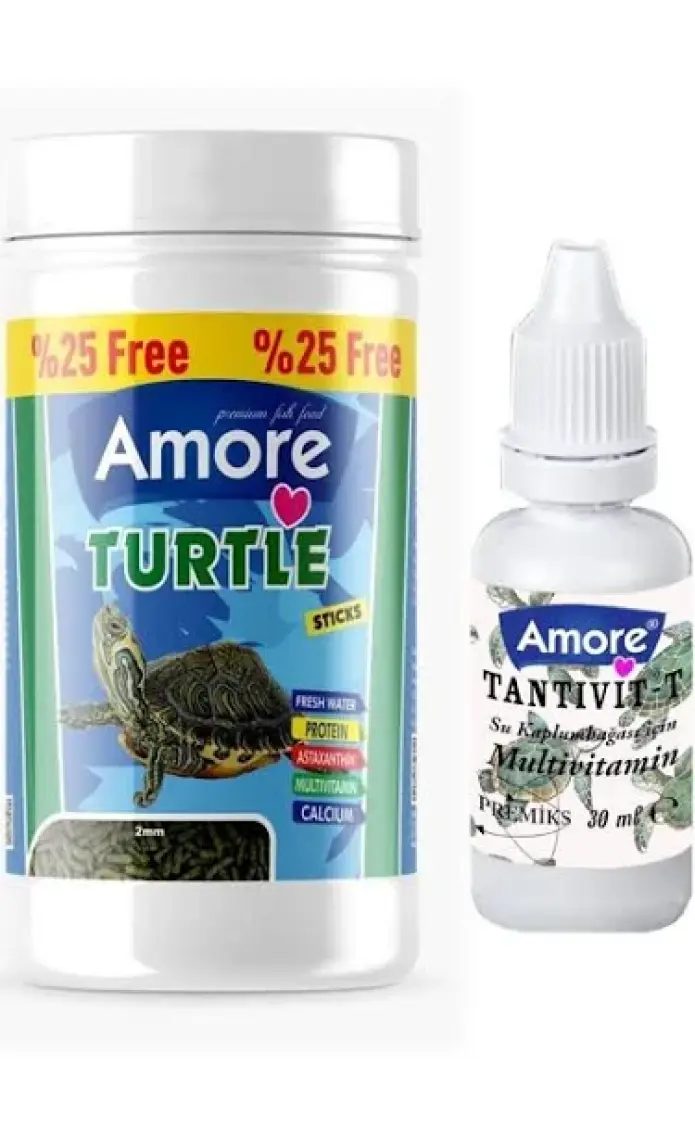 Amore Turtle Green Sticks 125, Bonisa 250ml, Lotus 100ml Su Kaplumbağası Yemi ve Vitamin Seti
