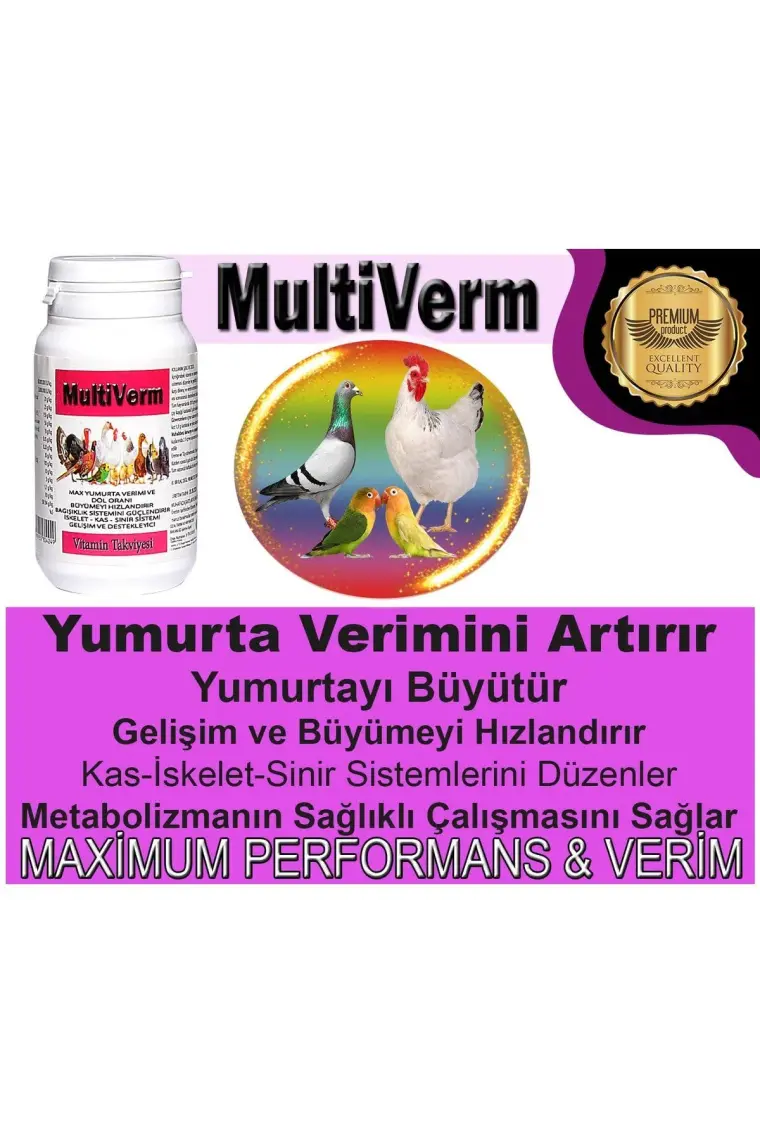 MULTİVERM Yumurta verimini Artırıcı - Gelişim için Tavuk Civciv Kaz Keklik Muhabbet Kuşu Kanarya Güvercin Multivitamin Vitamin