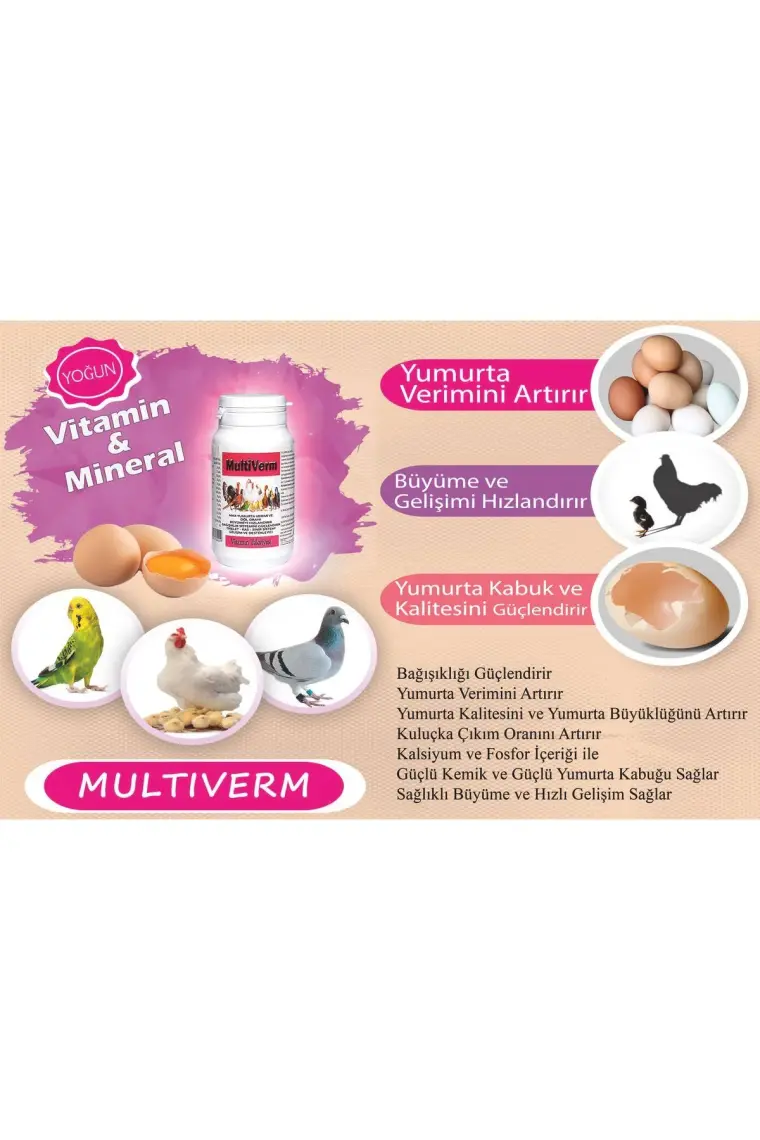MULTİVERM Yumurta verimini Artırıcı - Gelişim için Tavuk Civciv Kaz Keklik Muhabbet Kuşu Kanarya Güvercin Multivitamin Vitamin