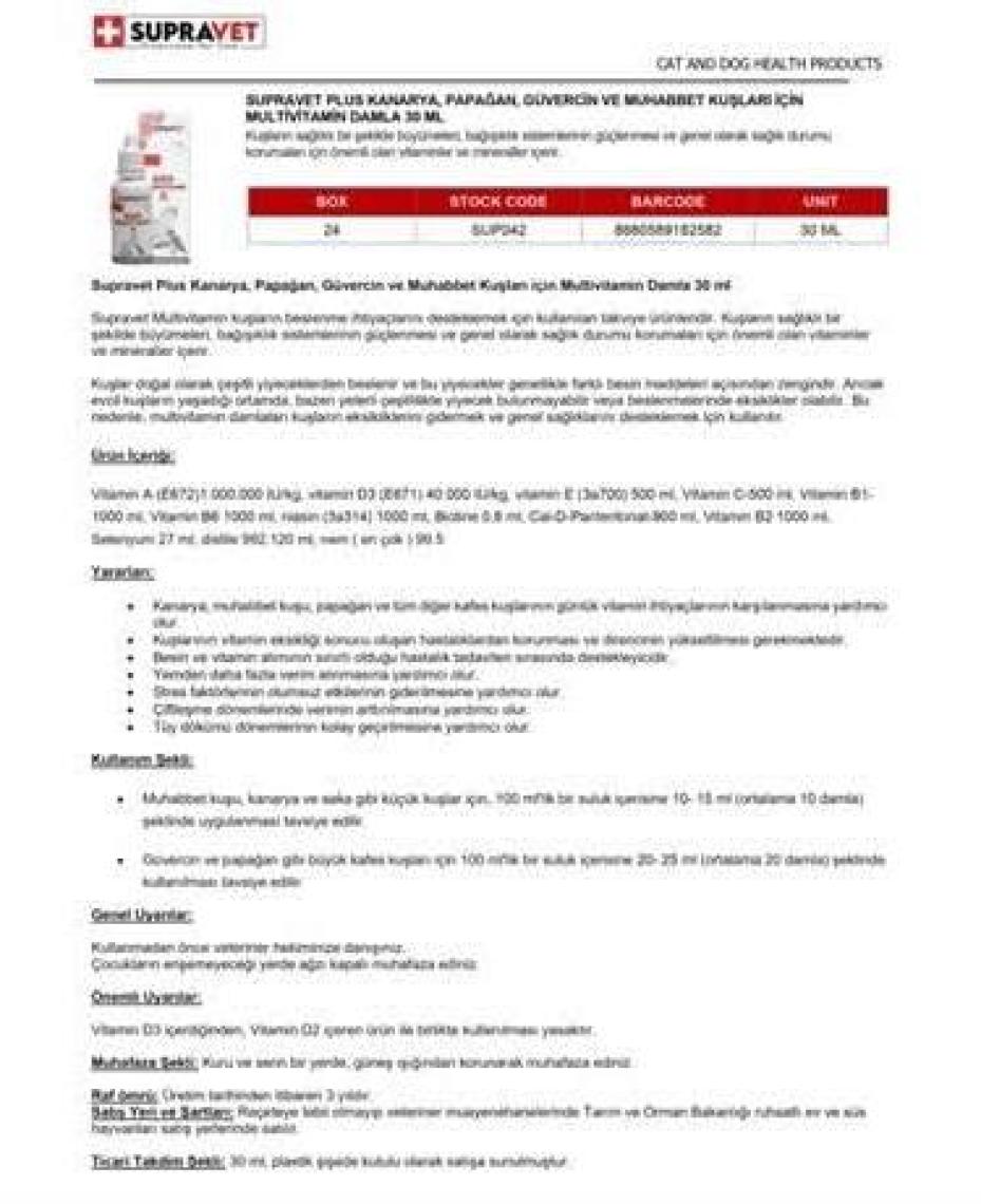 Supravet Papağan Güvercin Kuşlar Için Multi Vitamin 30 ml