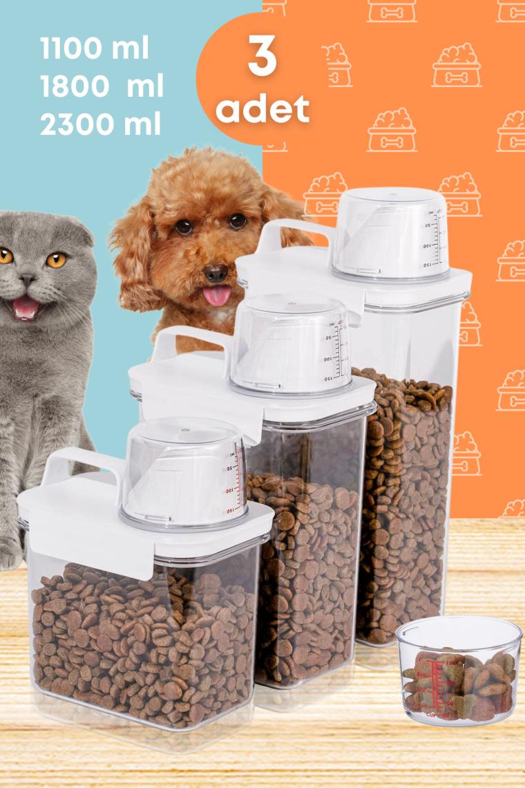 Grimor Life 3 Lü Sızdırmaz Depolama Kedi Köpek Mama Saklama Kabı- Ölçekli Erzak Depolama 1100 ml 1800 ml 2300 ml