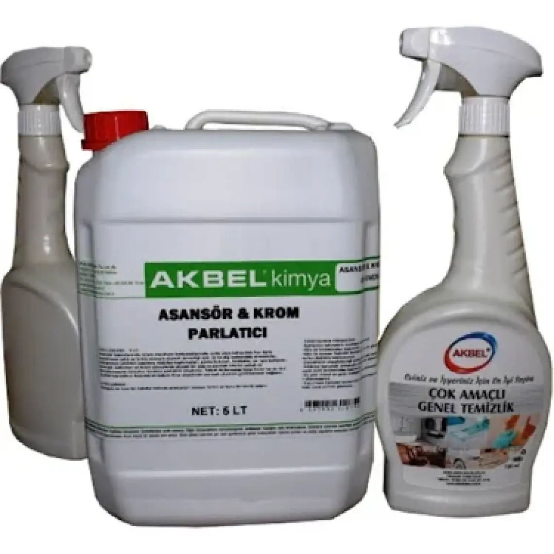 Akbel Asansör ve Krom Parlatıcı 5 LT + Çok Amaçlı Genel Temizlik Spreyi ve Uygulama Spreyi