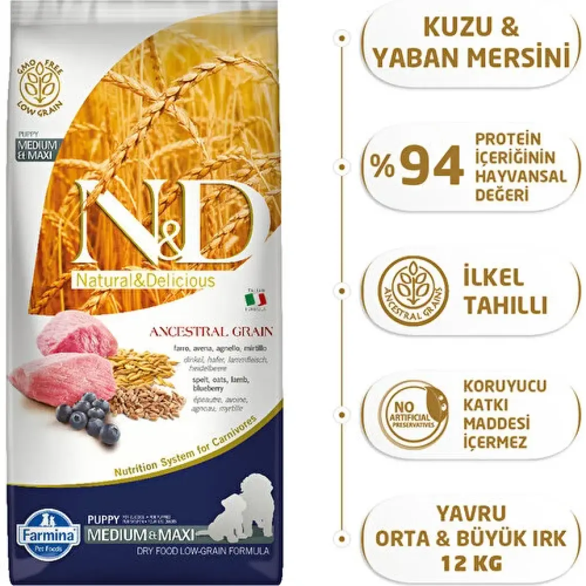 N&D Ancestral Grain Düşük Tahıllı Kuzu Etli ve Yaban Mersinli 12 kg Orta ve Büyük Irk Yavru Köpek Maması