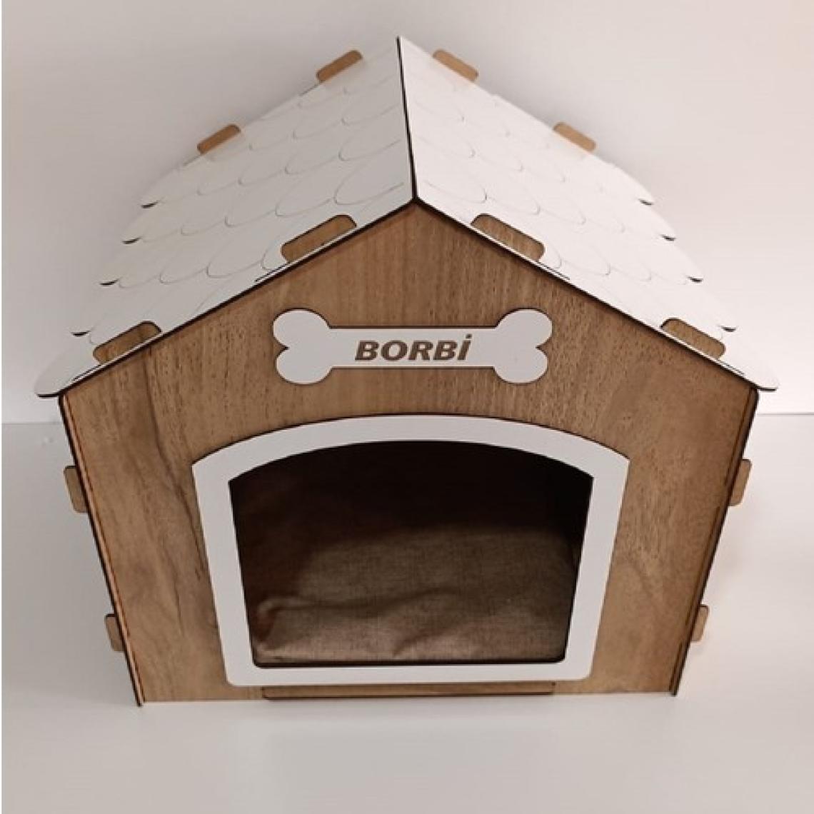 Hobicim Süper Set  Ahşap Dekoratif Köpek Evi-Kulübesi  Minder ve Zincir Tasma (Modena-Beyaz)