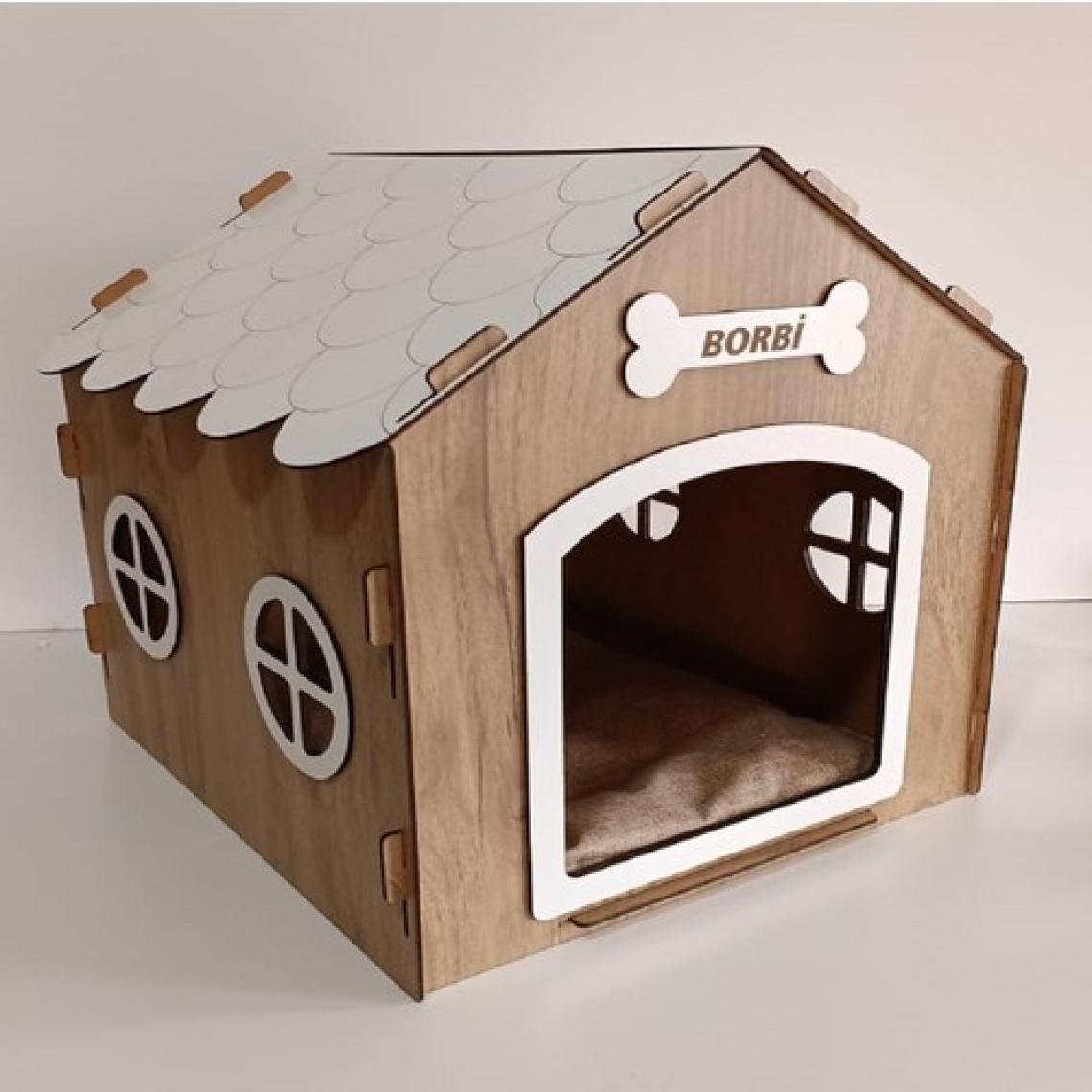 Hobicim Süper Set  Ahşap Dekoratif Köpek Evi-Kulübesi  Minder ve Zincir Tasma (Modena-Beyaz)