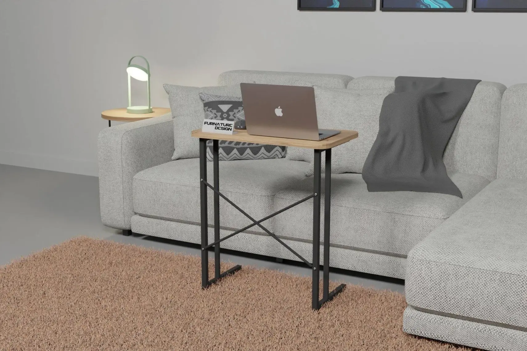Furnature Design Metal Ayaklı Laptop Sehpası Kahvaltı Masası Çalışma Sehpası Atlantik Çam 60X35