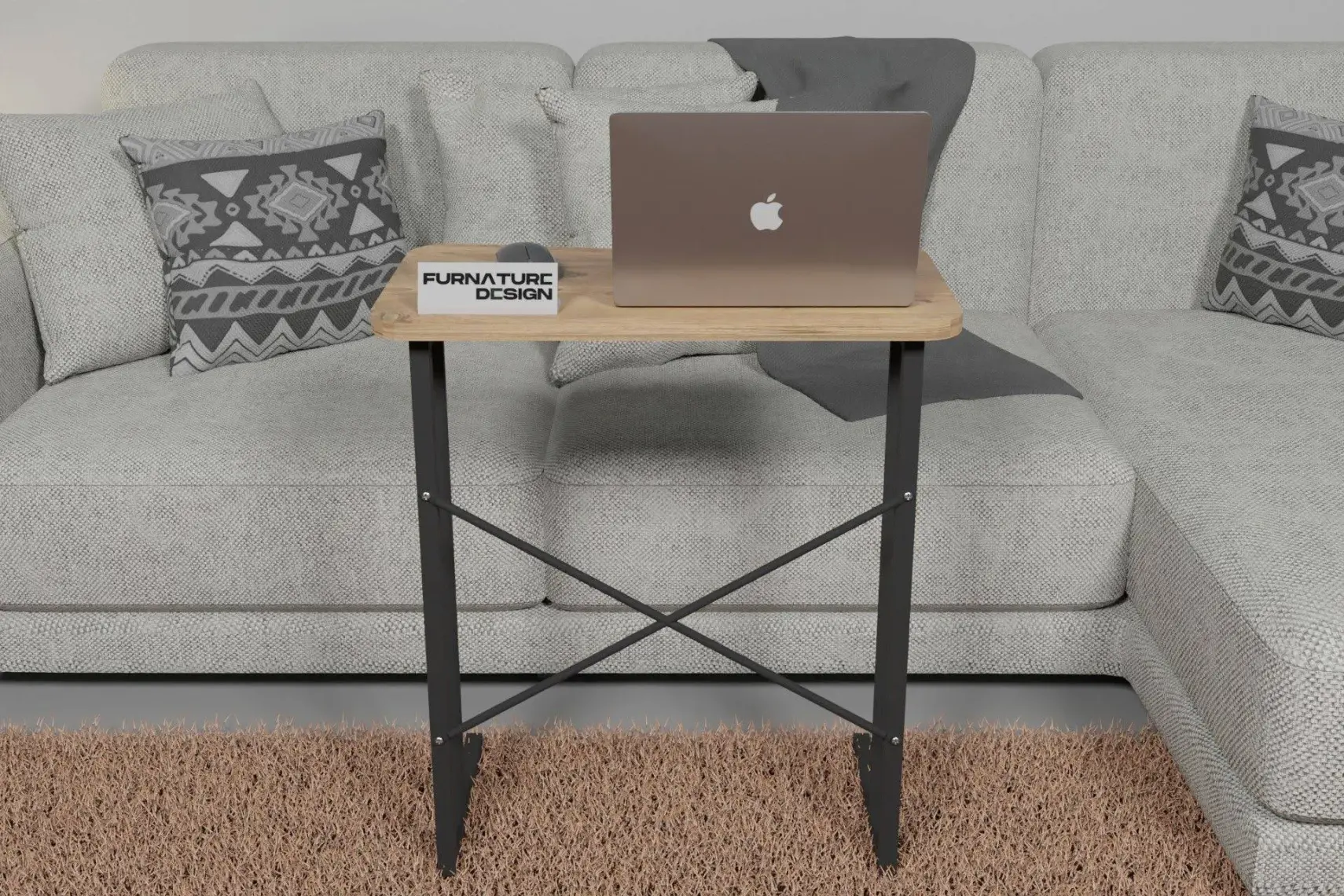 Furnature Design Metal Ayaklı Laptop Sehpası Kahvaltı Masası Çalışma Sehpası Atlantik Çam 60X35