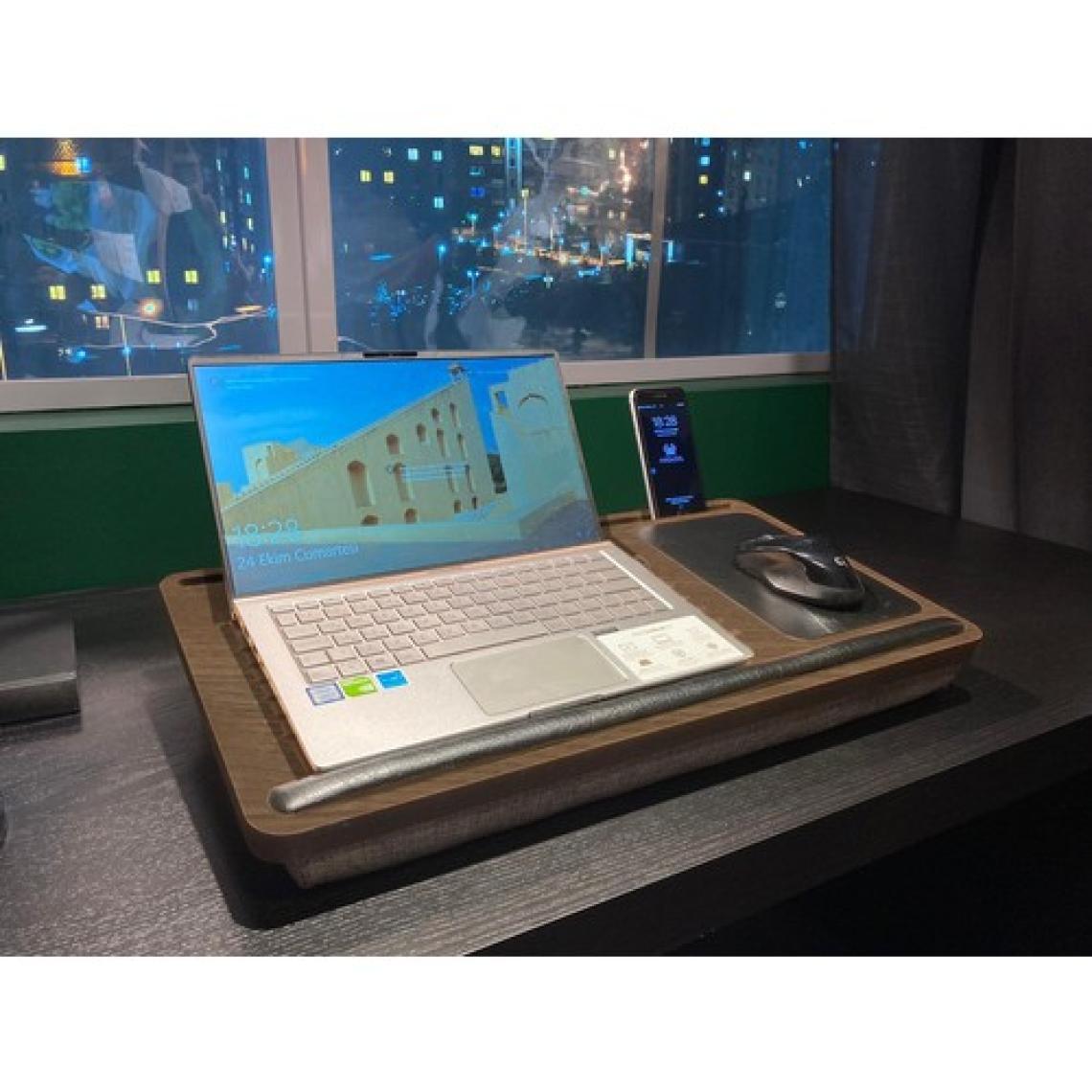 Axolotl SupplyTelefon ve Tablet Bölmeli Minderli Laptop Sehpası, Notebook Masası Antik meşe