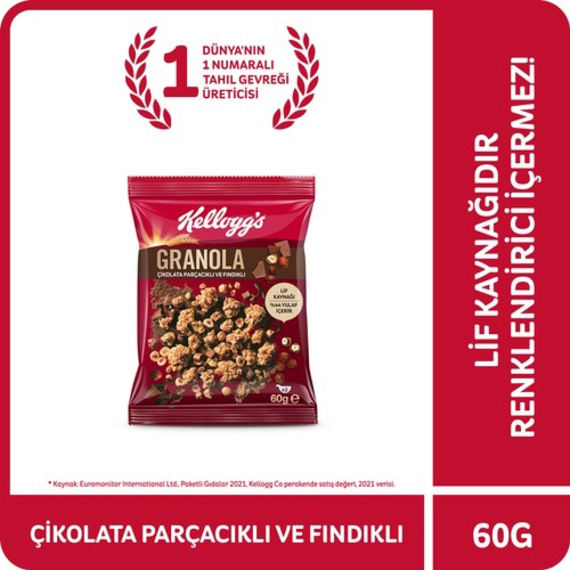 Kellogg's Granola Çikolata Parçacıklı ve Fındıklı 60 Gr x 10 Adet, 44% Yulaf İçerir