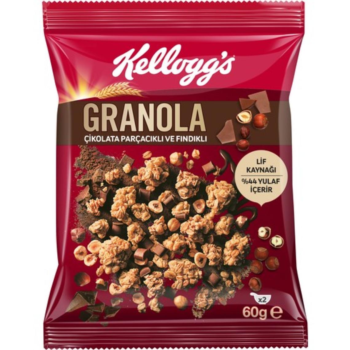 Kellogg's Granola Çikolata Parçacıklı ve Fındıklı 60 Gr x 10 Adet, 44% Yulaf İçerir