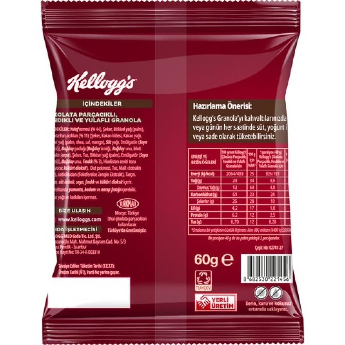 Kellogg's Granola Çikolata Parçacıklı ve Fındıklı 60 Gr x 10 Adet, 44% Yulaf İçerir
